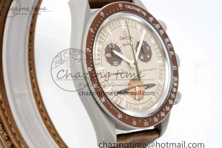 0309 Speedmaster Misson To Saturn 1:1 Best Edition Beige Dial On Nylon Strap Quartz Casual 7861